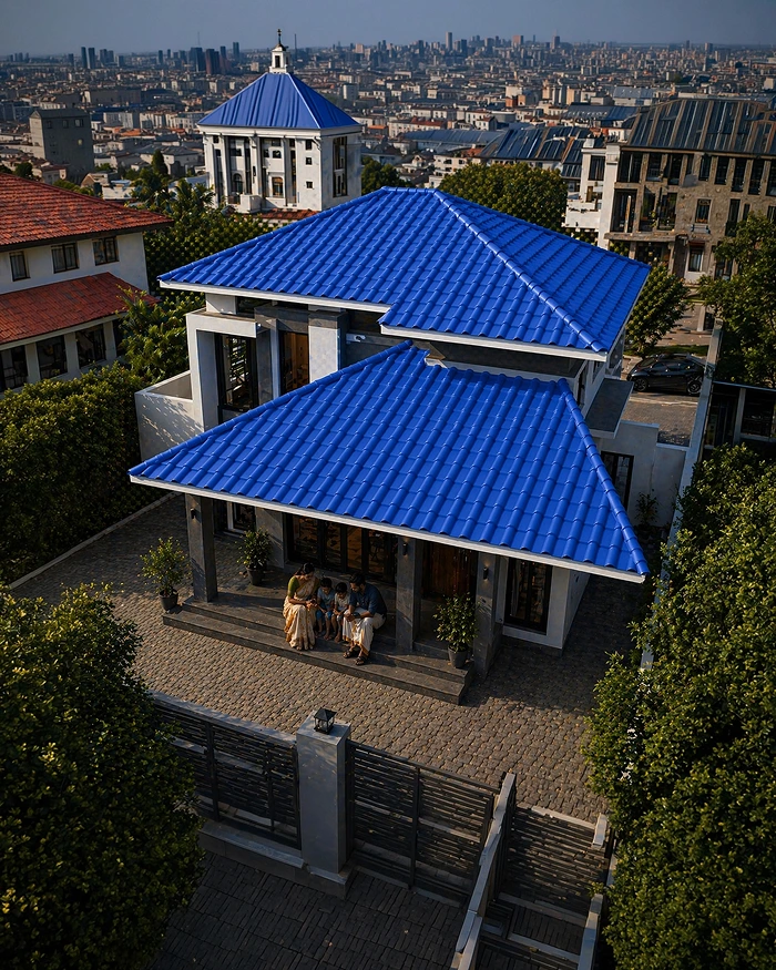 Modern residential house with a vibrant blue tiled roof viewed from above in an urban neighborhood.