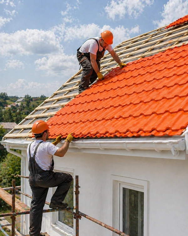 Two roofing workers installing bright orange roof tiles on a residential house under a clear blue sky.