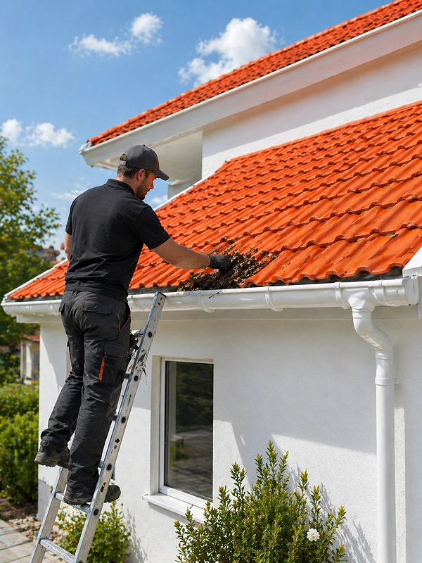 Professional worker cleaning roof gutters on a modern white house with orange roof tiles under a clear blue sky for SKYES roof maintenance services.