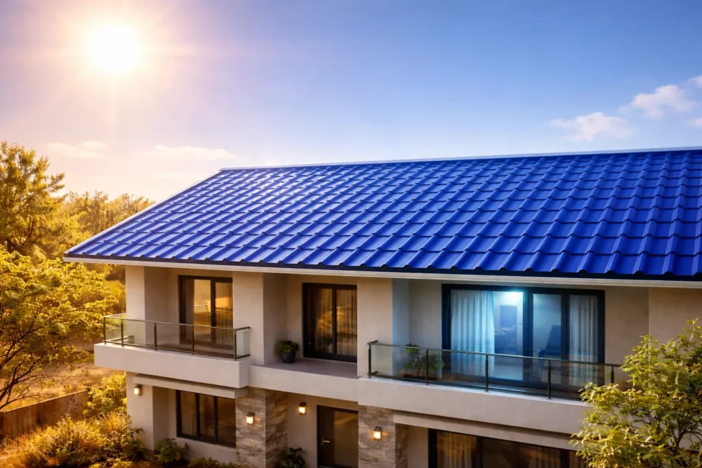 Modern two-story house with a bright blue metal roof under clear sunlight and a blue sky.