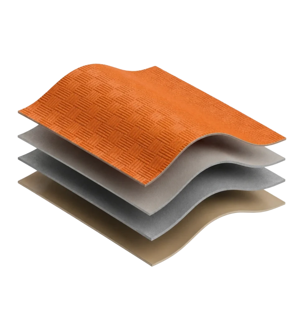 Cross-section diagram showing the four layers of a synthetic composite roofing shingle.